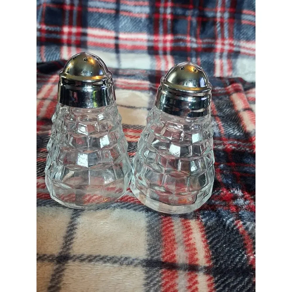Pair of Fostoria American Glass Salt & Pepper Shakers W/Metal Lids Cube Pattern